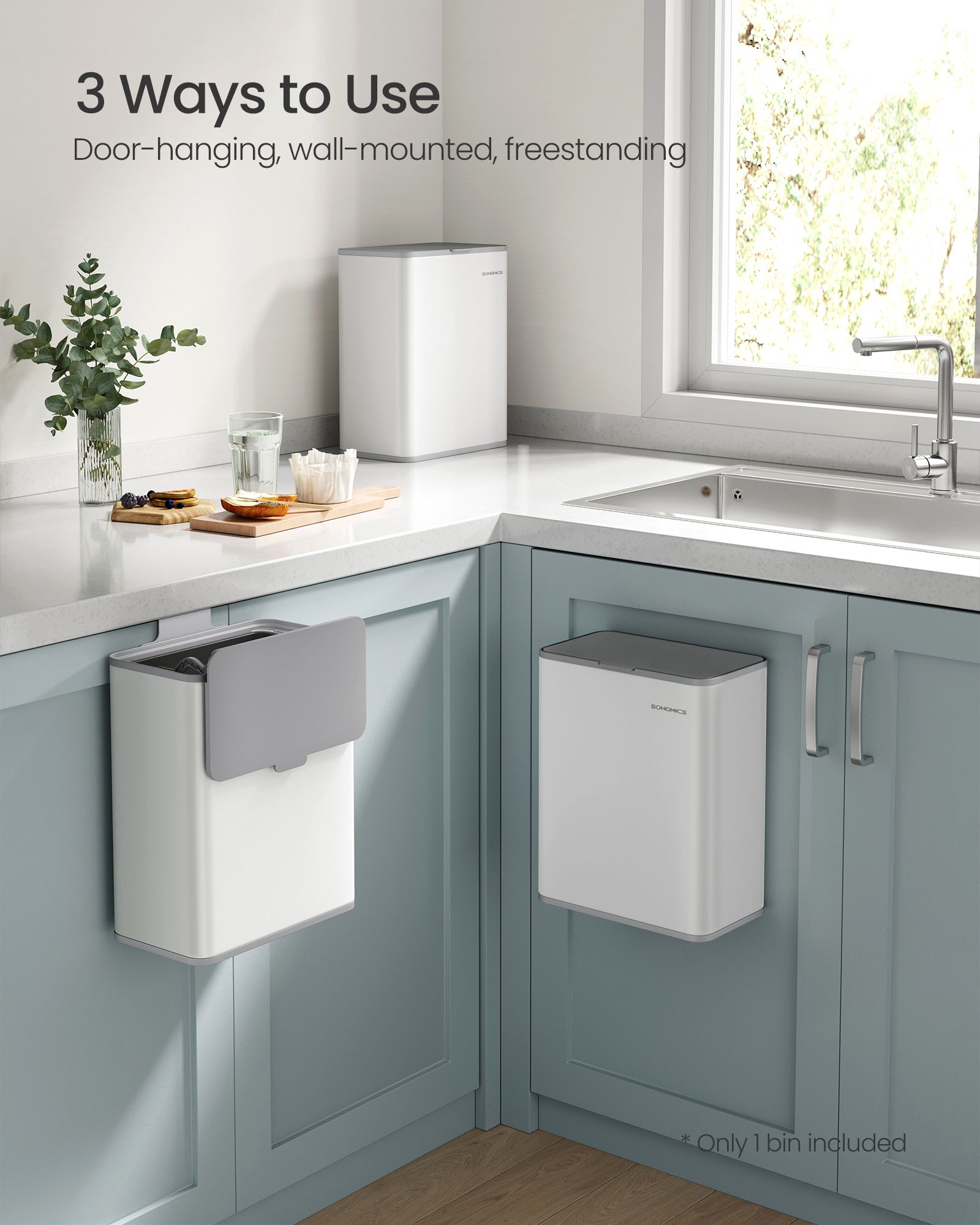 Hanging Steel Kitchen Bin – Cloud White – 8L Capacity – Lid for Food Waste with Hooks