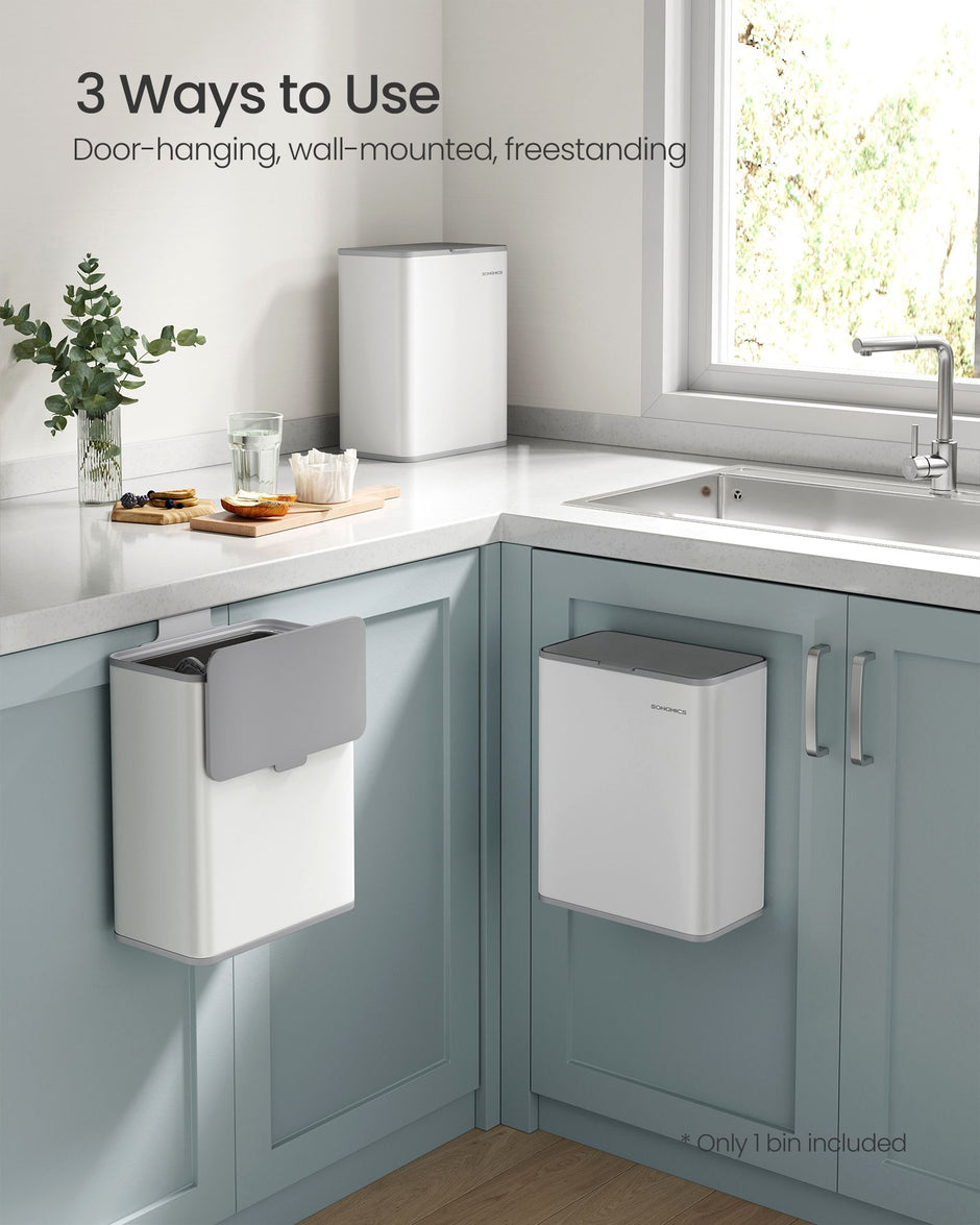 Hanging Steel Kitchen Bin – Cloud White – 8L Capacity – Lid for Food Waste with Hooks