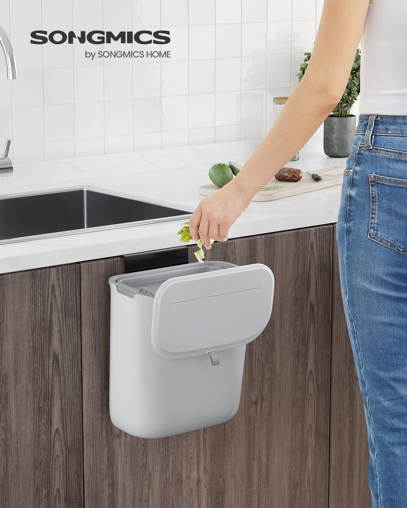 Hanging Trash Can – Plastic – White – 9L Capacity with Lid for Food Waste