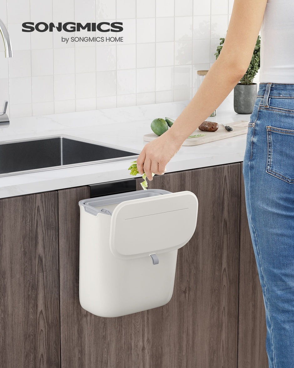 Hanging Trash Can – Plastic – White – 9L Capacity with Lid, Wall Mounted