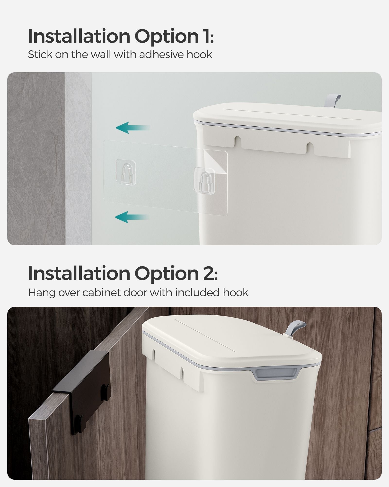 Hanging Trash Can – Plastic – White – 9L Capacity with Lid, Wall Mounted