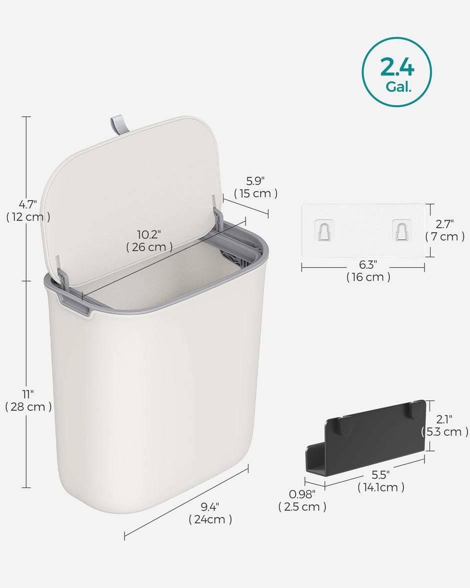 Hanging Trash Can – Plastic – White – 9L Capacity with Lid, Wall Mounted