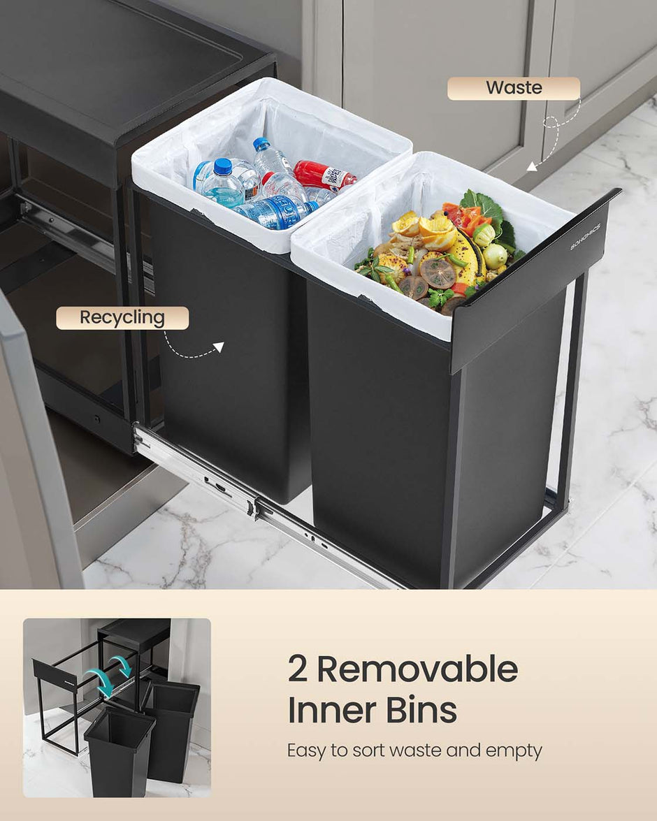 Pull-Out Kitchen Bin – Steel Frame with ABS Lid – Ink Black – Double Compartment for Recycling and Waste