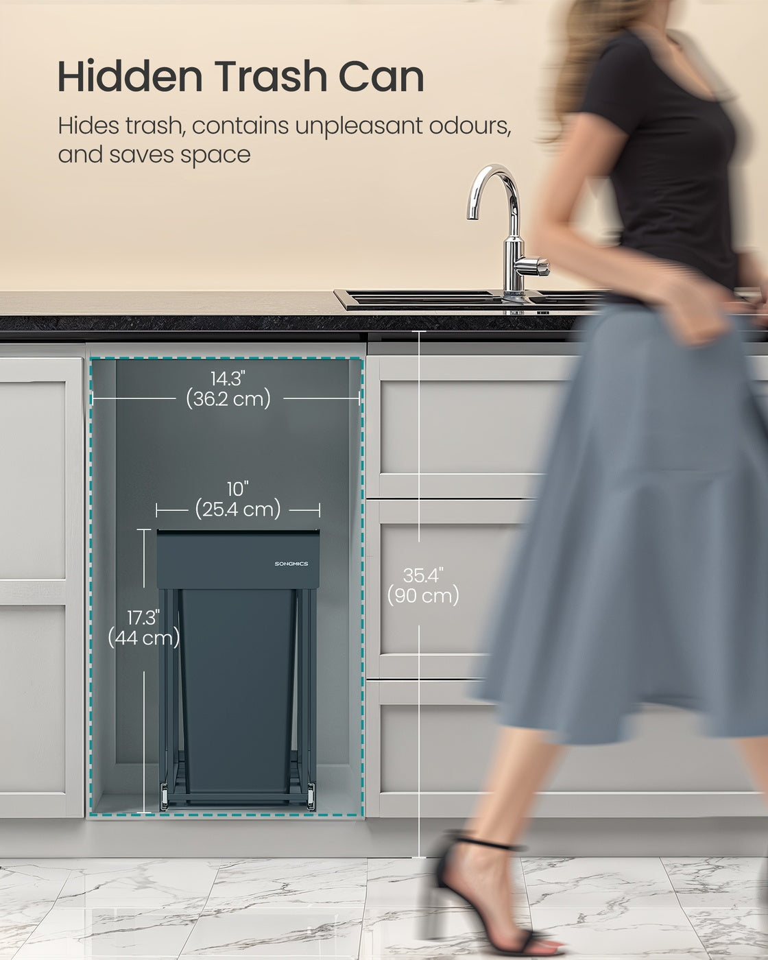 Kitchen Bin – Steel Frame and ABS Lid – Ink Black – Built-in with Double Compartments and Smooth Pull-Out Design