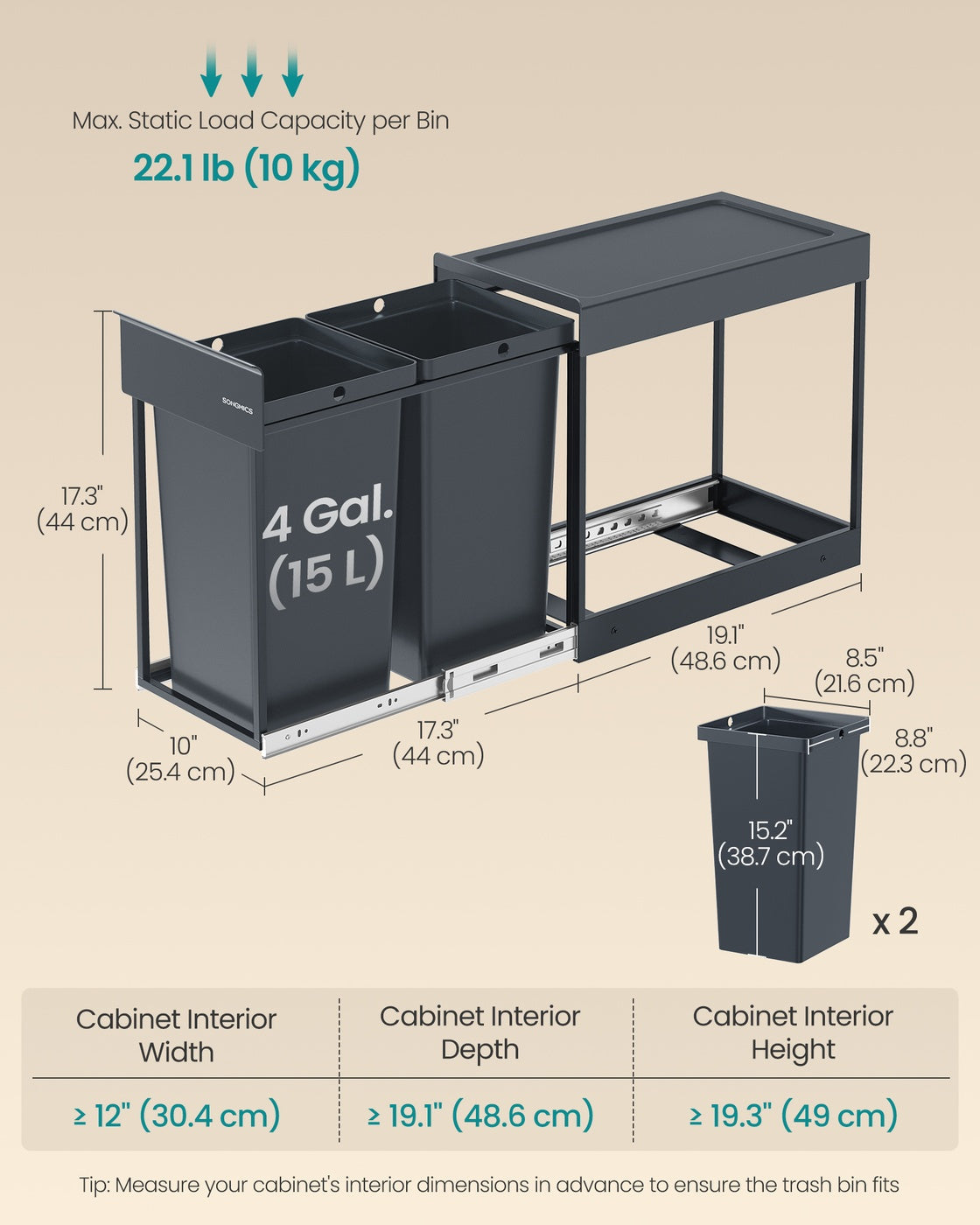 Kitchen Bin – Steel Frame and ABS Lid – Ink Black – Built-in with Double Compartments and Smooth Pull-Out Design