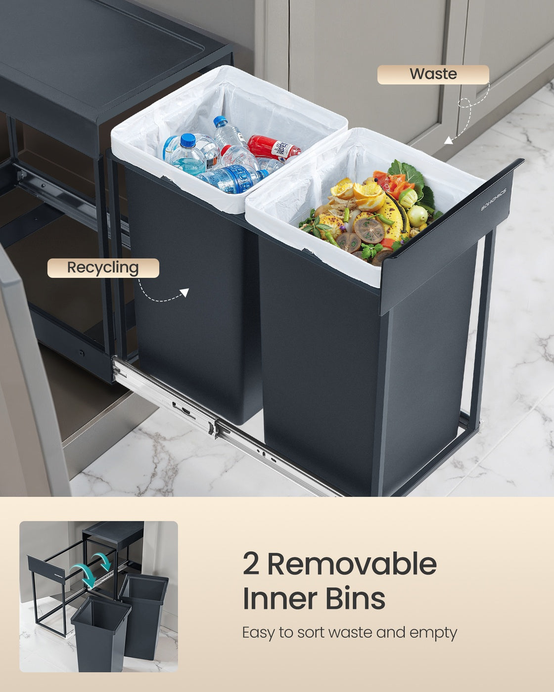 Kitchen Bin – Steel Frame and ABS Lid – Ink Black – Built-in with Double Compartments and Smooth Pull-Out Design