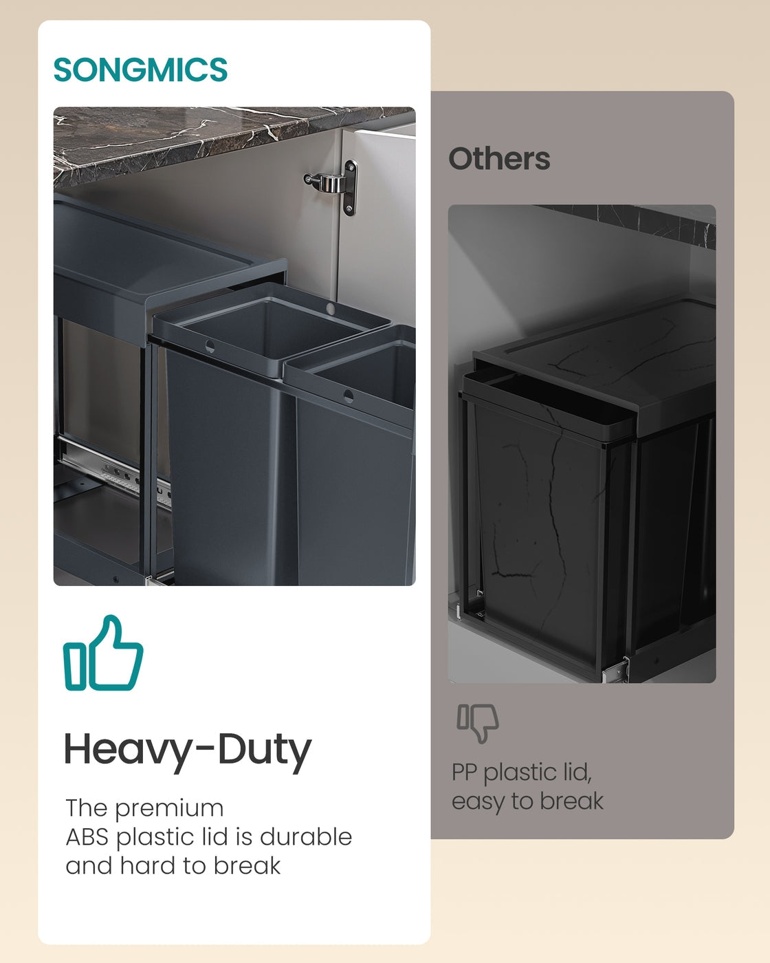 Kitchen Bin – Steel Frame and ABS Lid – Ink Black – Built-in with Double Compartments and Smooth Pull-Out Design