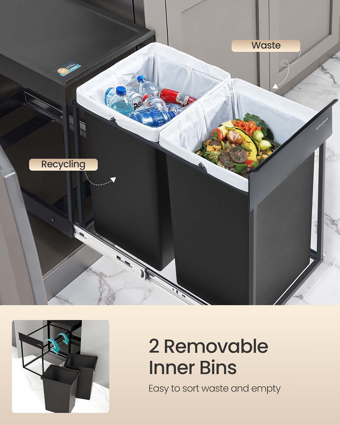 Pull-Out Kitchen Bin – Steel Frame with ABS Lid – Ink Black – Double Compartment for Recycling and Waste