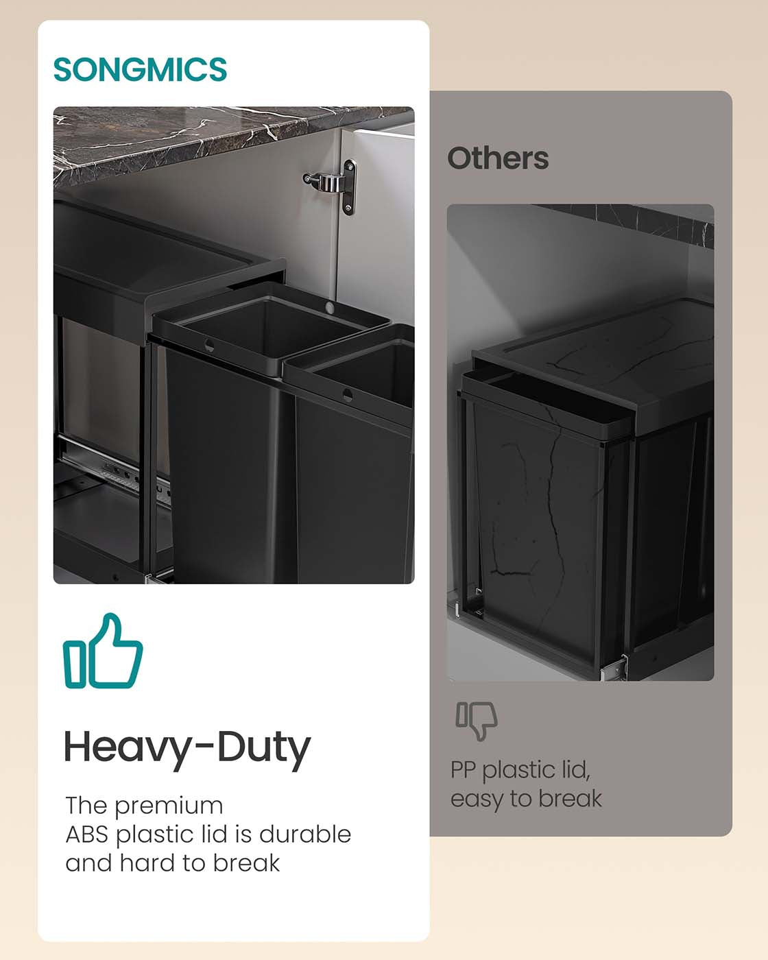 Pull-Out Kitchen Bin – Steel Frame with ABS Lid – Ink Black – Double Compartment for Recycling and Waste