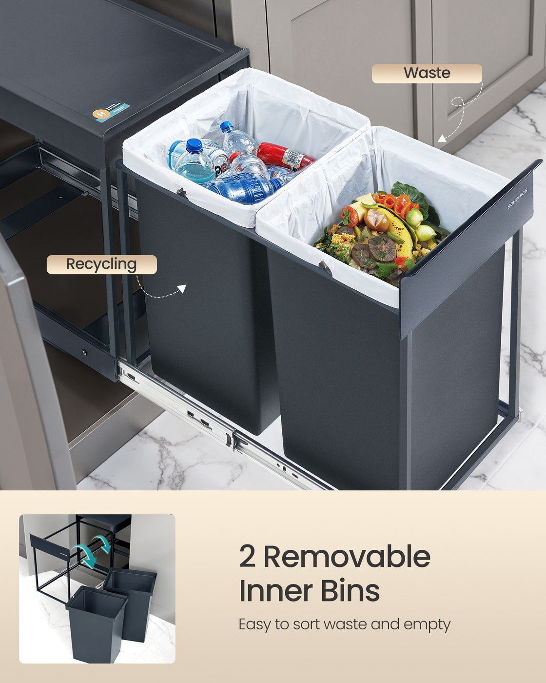Pull-Out Kitchen Bin – Steel Frame with ABS Lid – Ink Black – Double Compartment for Recycling and Waste
