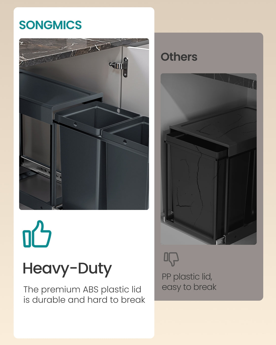 Pull-Out Kitchen Bin – Steel Frame with ABS Lid – Ink Black – Double Compartment for Recycling and Waste