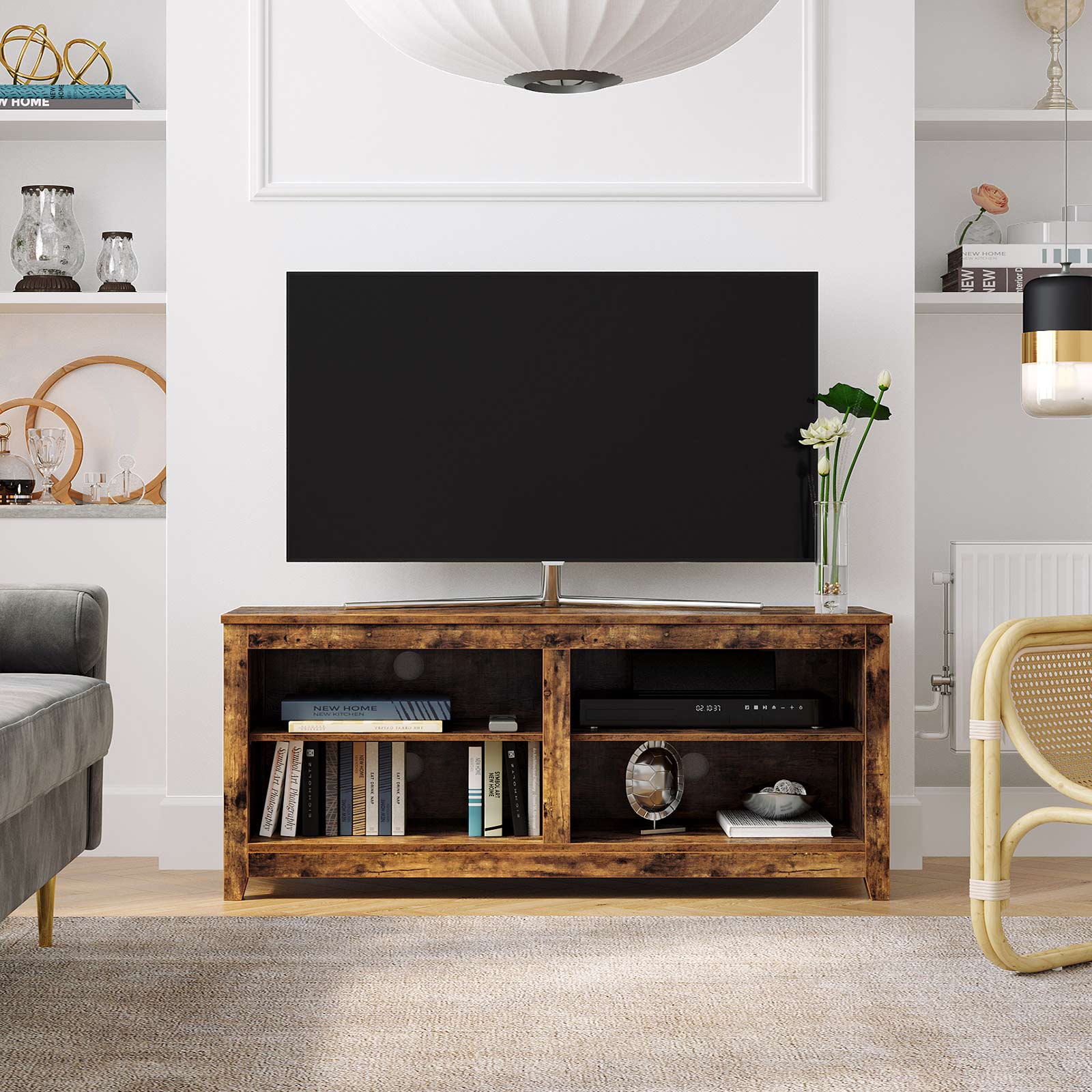 TV Stand – Engineered Wood – Rustic Brown – Open Shelves with Cable Holes
