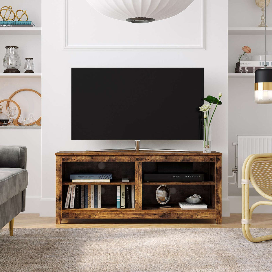 TV Stand – Engineered Wood – Rustic Brown – Open Shelves with Cable Holes
