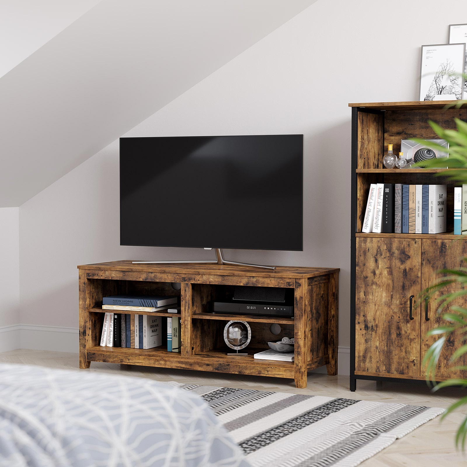 TV Stand – Engineered Wood – Rustic Brown – Open Shelves with Cable Holes