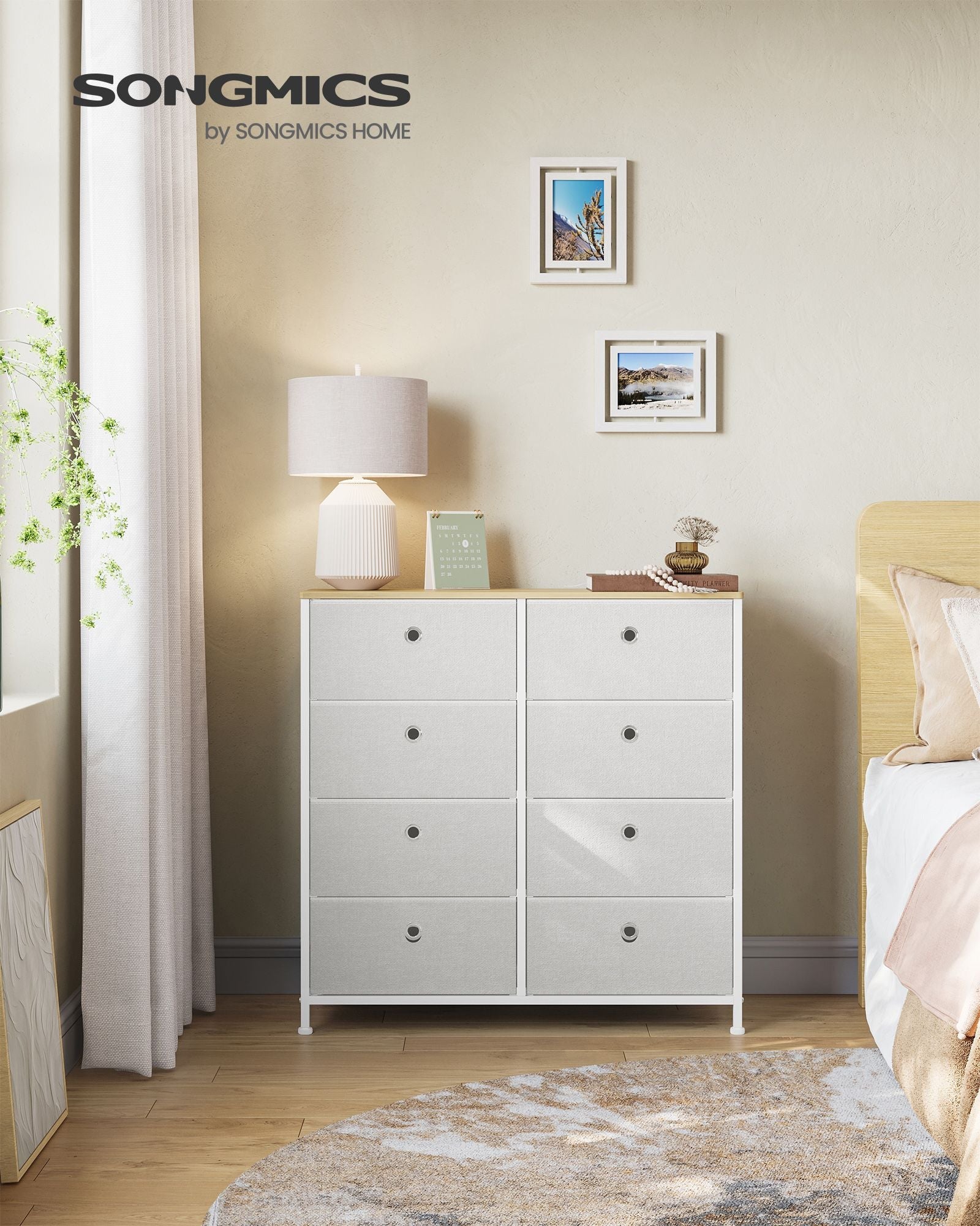 Storage Chest – Fabric and Metal – Cream White and Oak – 8 Easy Pull Drawers