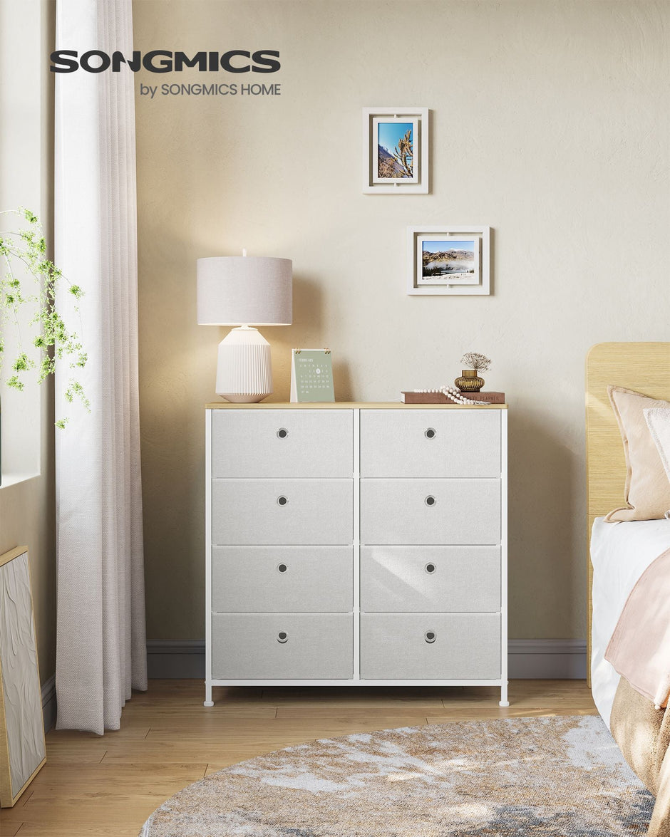 Storage Chest – Fabric and Metal – Cream White and Oak – 8 Easy Pull Drawers