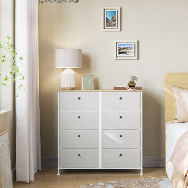 Storage Chest – Fabric and Metal – Cream White and Oak – 8 Easy Pull Drawers