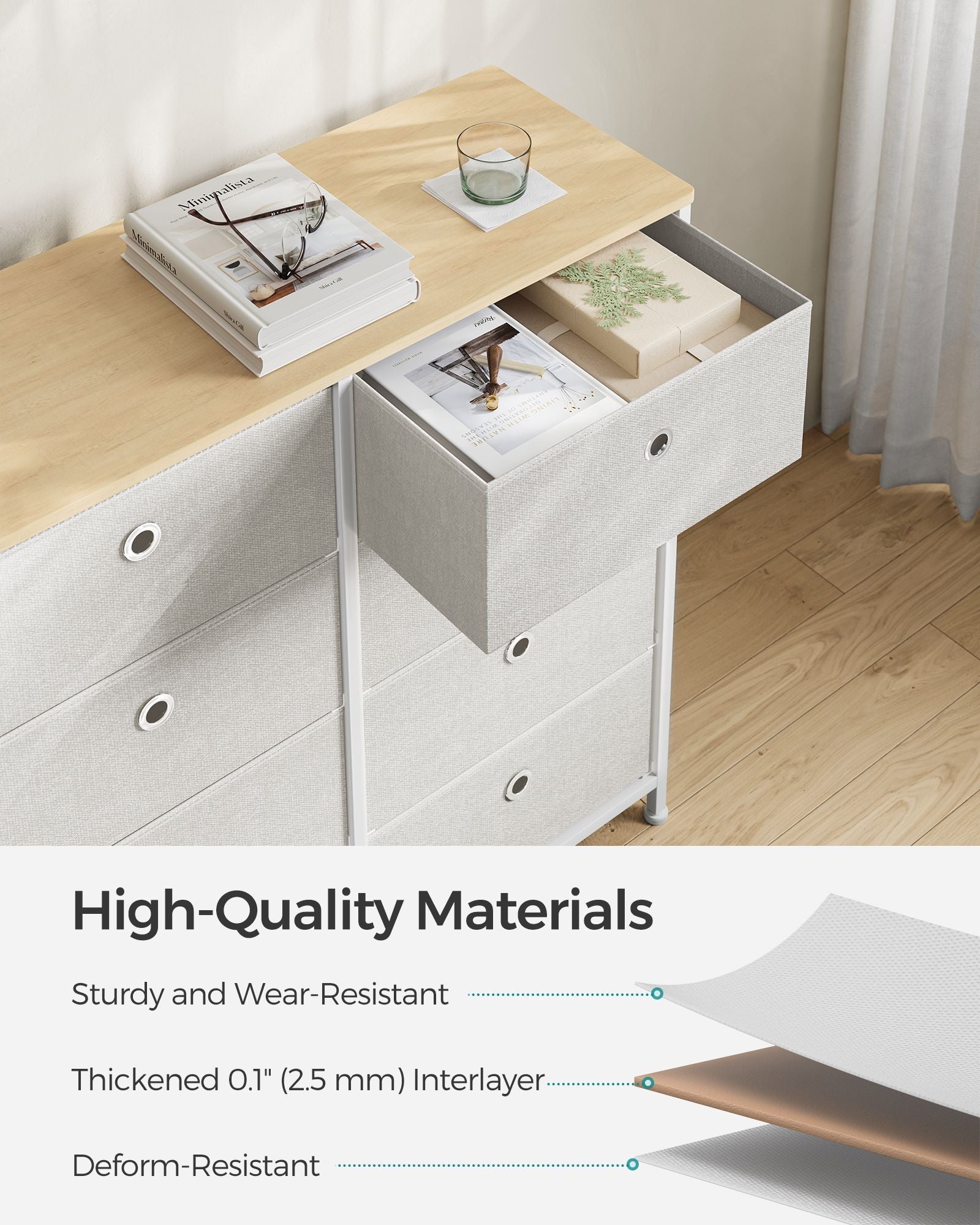 Storage Chest – Fabric and Metal – Cream White and Oak – 8 Easy Pull Drawers