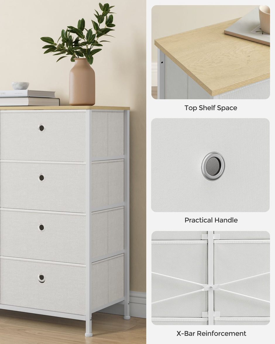 Storage Chest – Fabric and Metal – Cream White and Oak – 8 Easy Pull Drawers