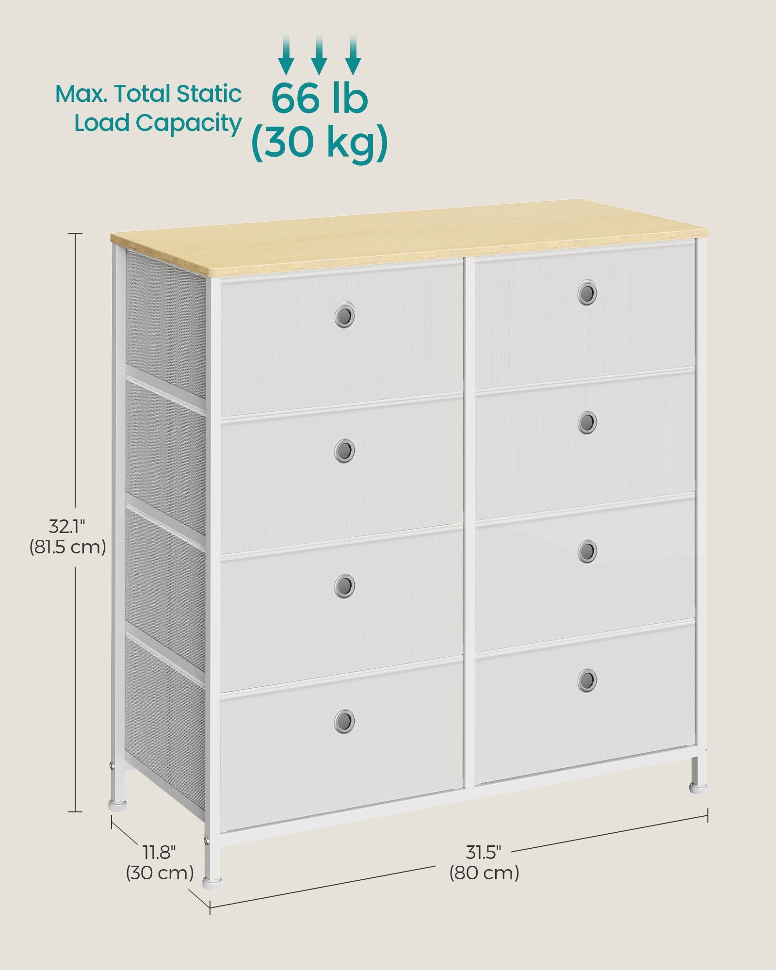 Storage Chest – Fabric and Metal – Cream White and Oak – 8 Easy Pull Drawers