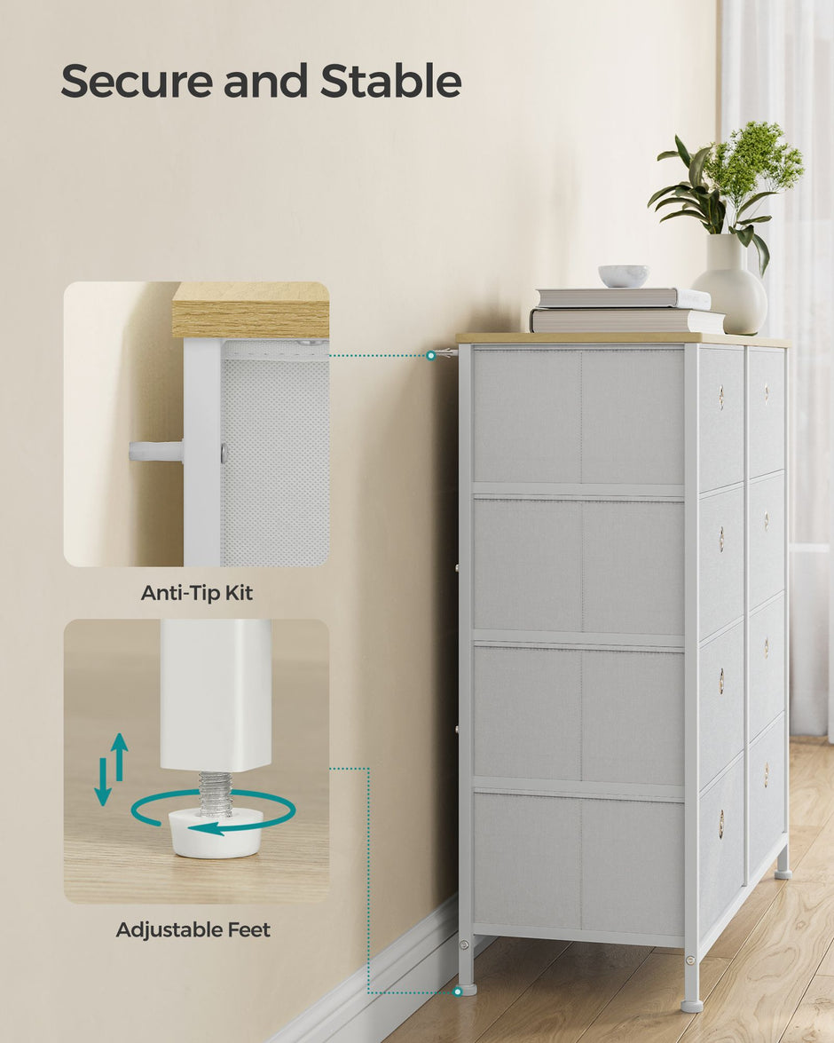 Storage Chest – Fabric and Metal – Cream White and Oak – 8 Easy Pull Drawers