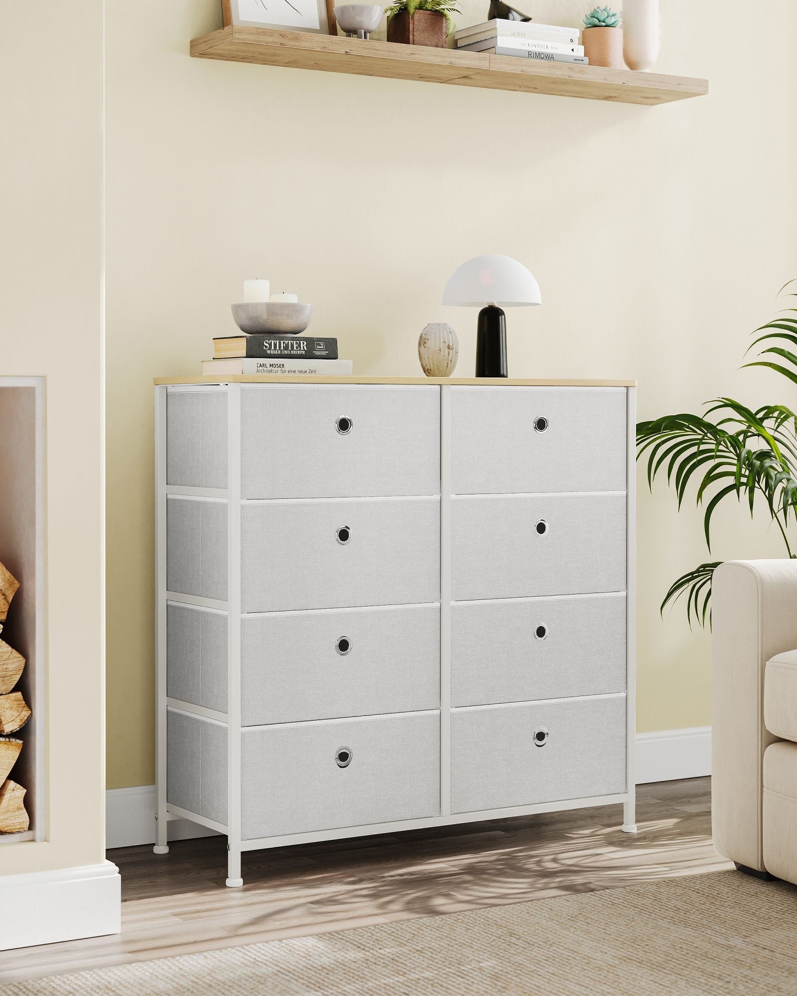 Storage Chest – Fabric and Metal – Cream White and Oak – 8 Easy Pull Drawers