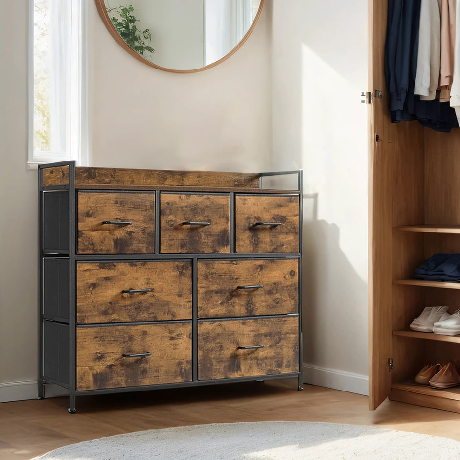 Dresser Cabinet – Metal Frame – Rustic Brown and Black – 7 Fabric Drawers