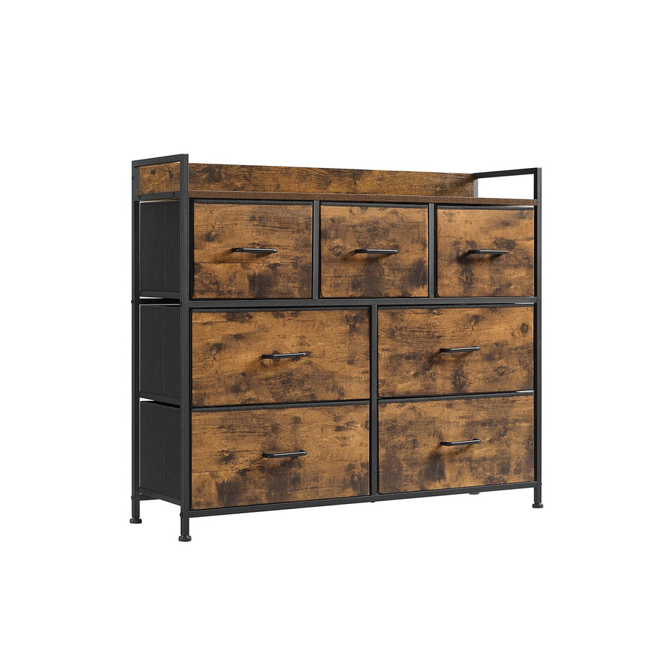 Fabric Chest of Drawers – Metal Frame – Rustic Brown and Black – 7 Storage Drawers