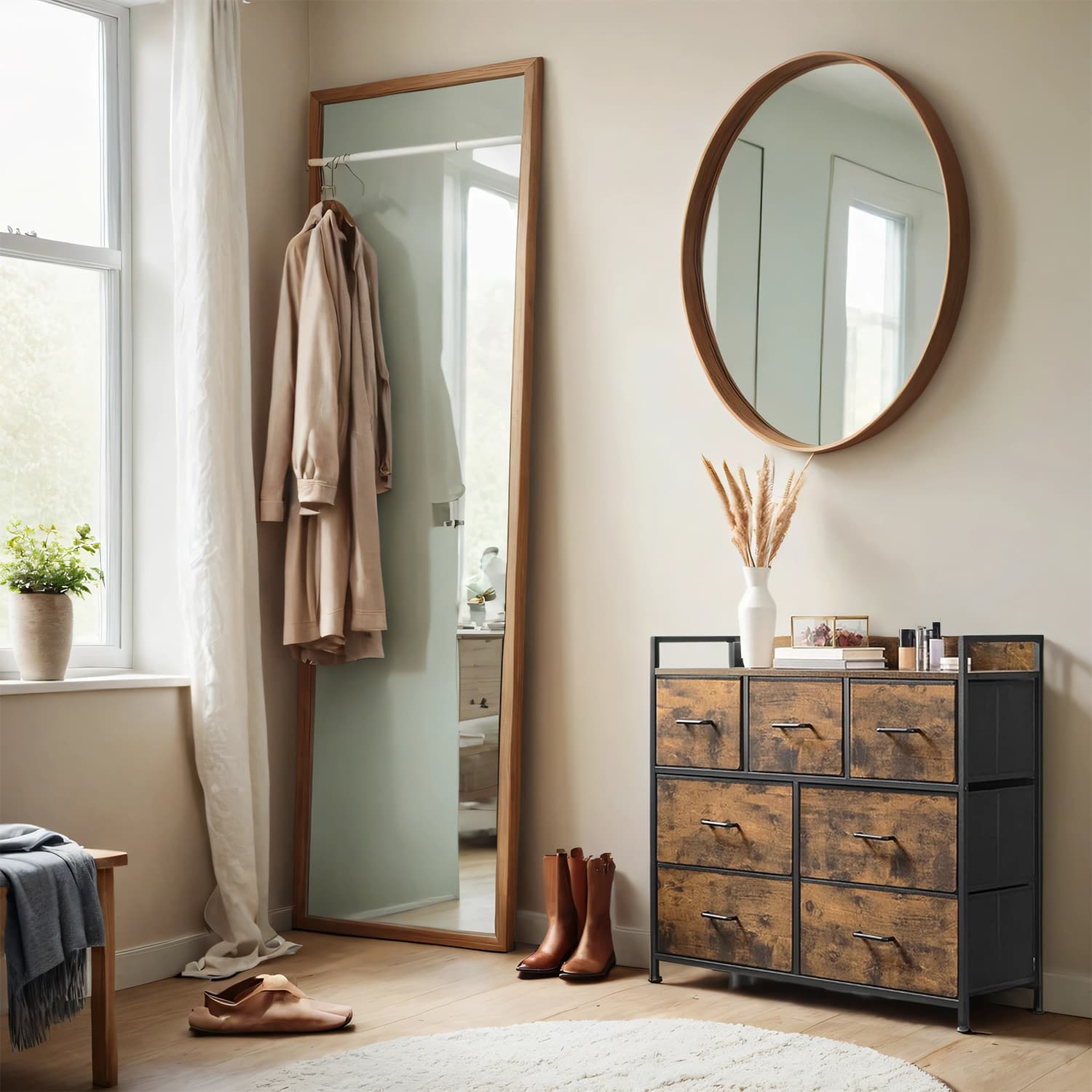 Dresser Cabinet – Metal Frame – Rustic Brown and Black – 7 Fabric Drawers