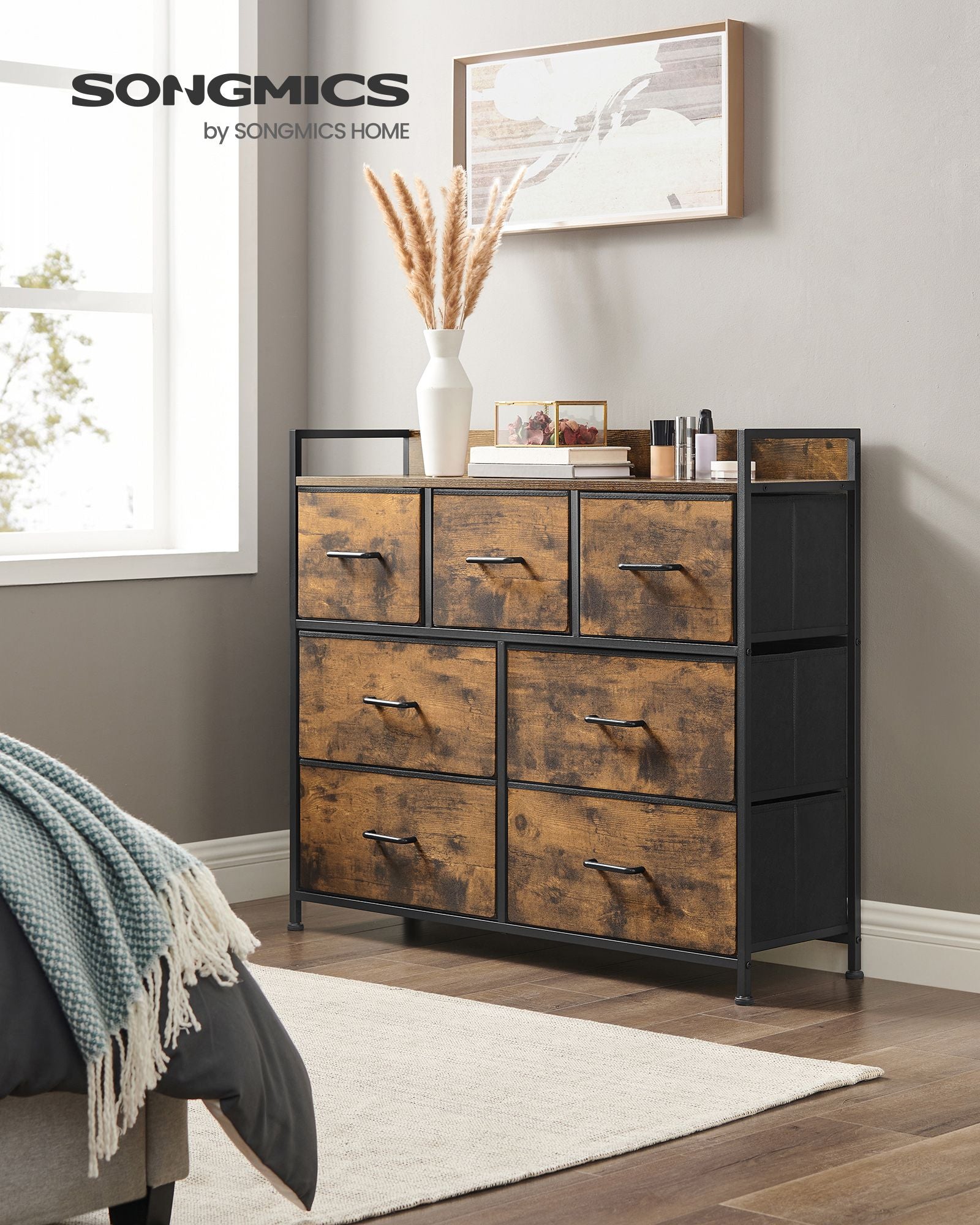 Fabric Chest of Drawers – Metal Frame – Rustic Brown and Black – 7 Storage Drawers