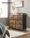 Fabric Chest of Drawers – Metal Frame – Rustic Brown and Black – 7 Storage Drawers