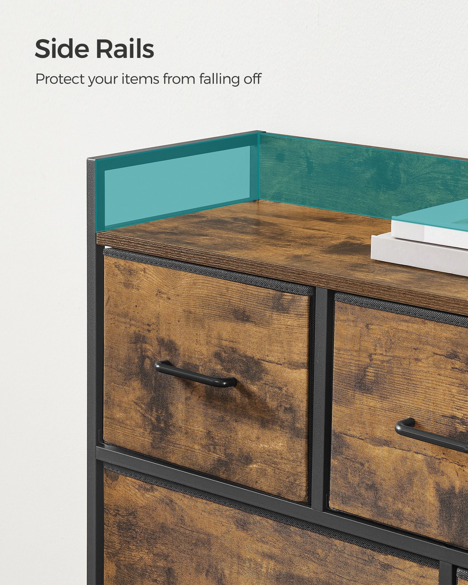 Fabric Chest of Drawers – Metal Frame – Rustic Brown and Black – 7 Storage Drawers