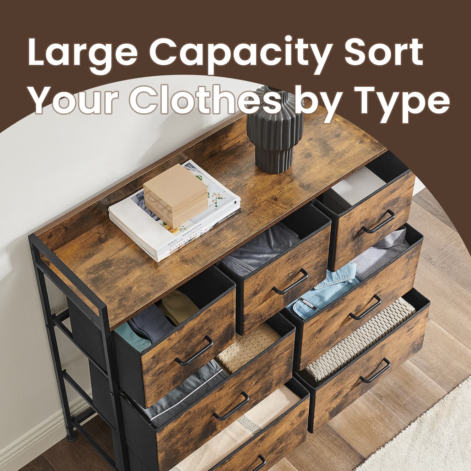 Dresser Cabinet – Metal Frame – Rustic Brown and Black – 7 Fabric Drawers