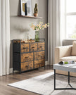 Fabric Chest of Drawers – Metal Frame – Rustic Brown and Black – 7 Storage Drawers