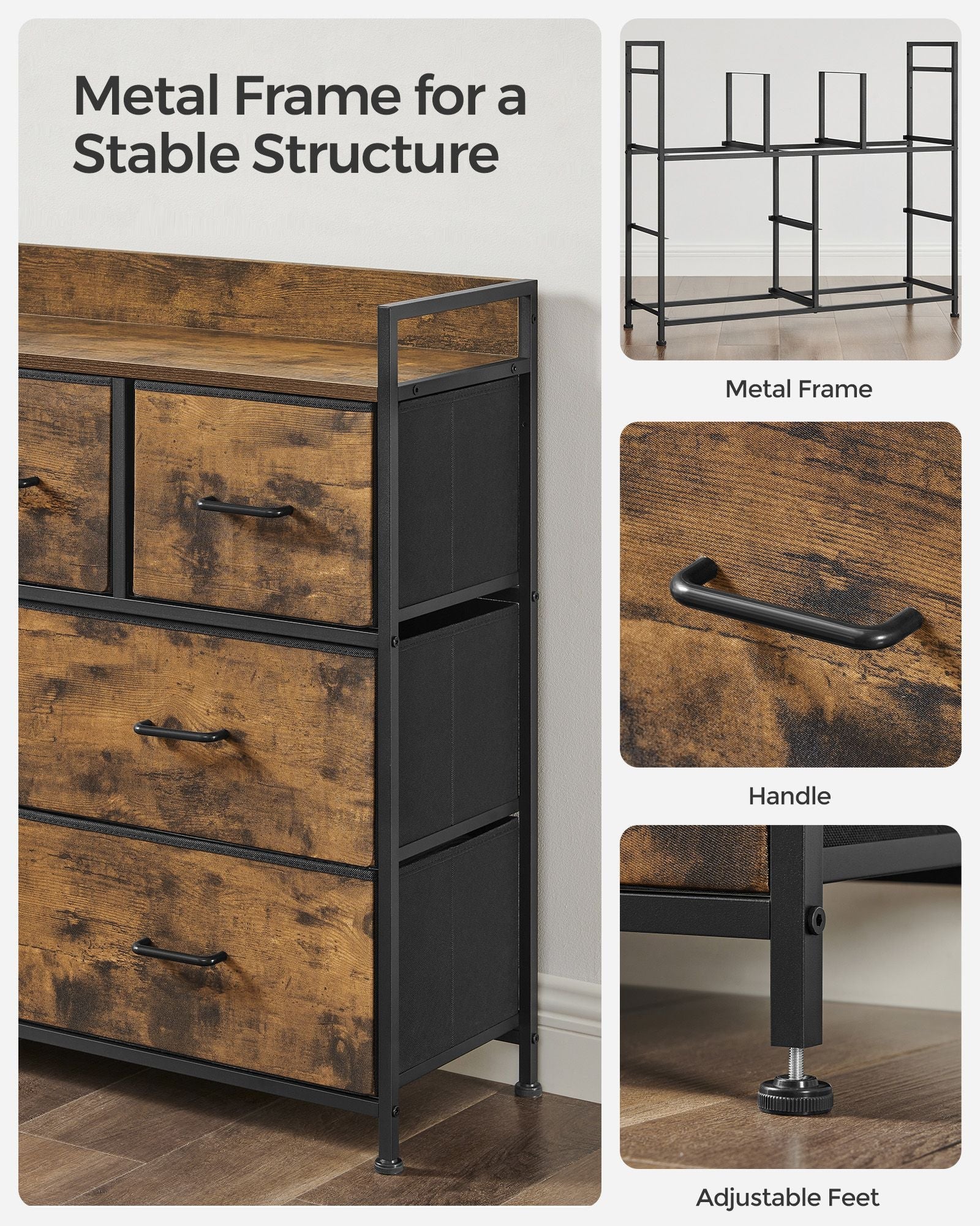 Fabric Chest of Drawers – Metal Frame – Rustic Brown and Black – 7 Storage Drawers