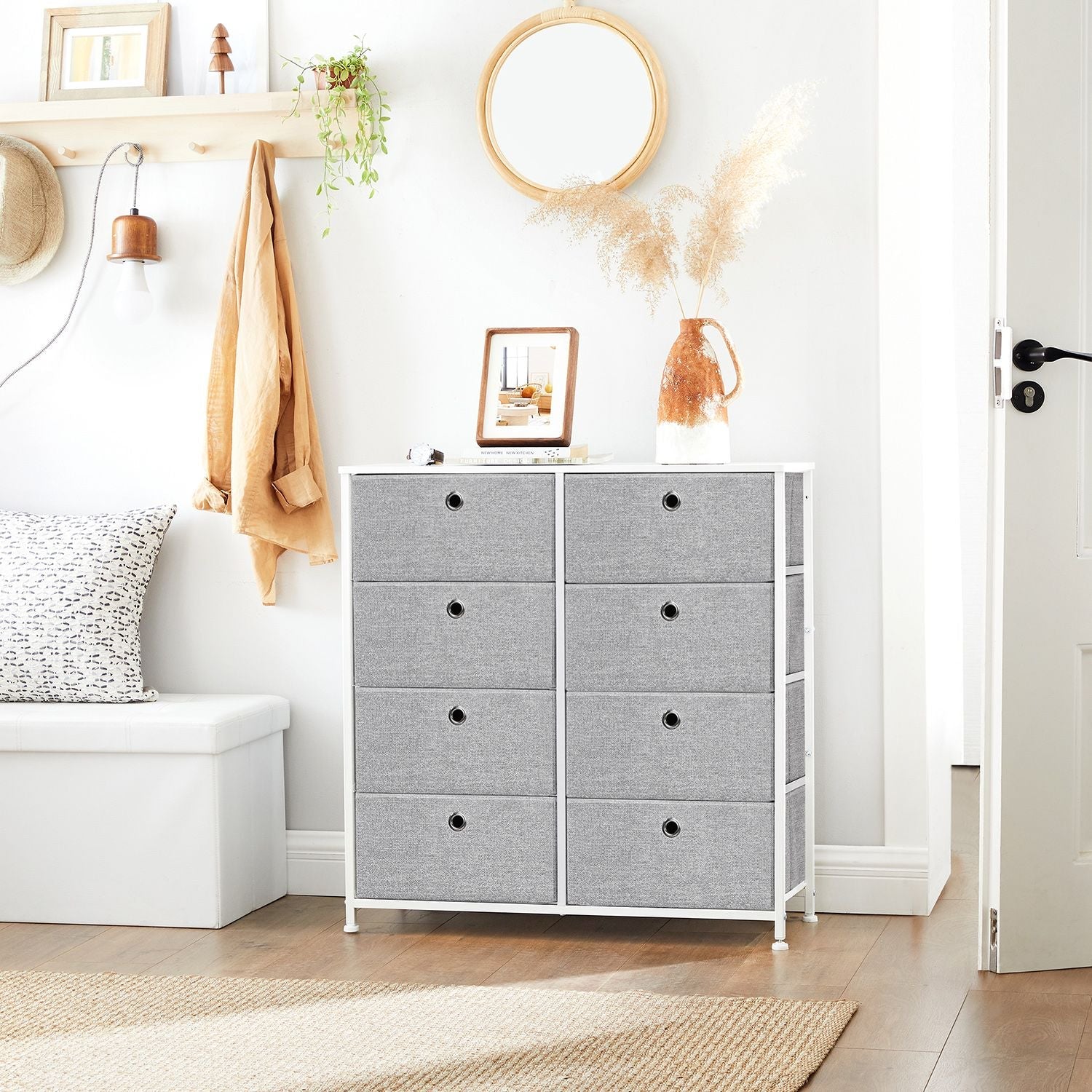 Storage Unit – Fabric – Light Grey and White – 8 Easy Pull Drawers with Metal Frame and Tabletop