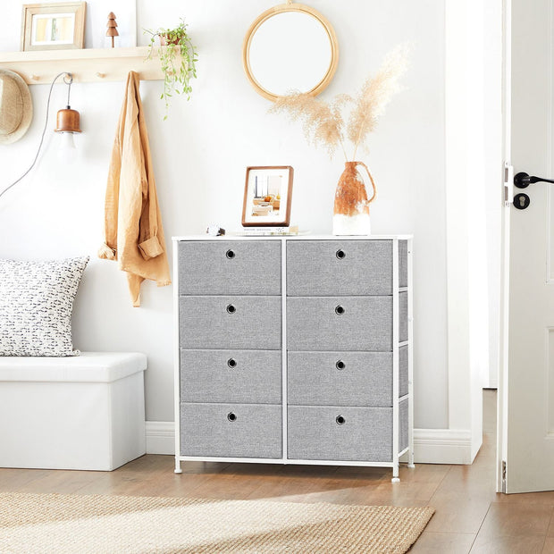 Storage Unit – Fabric – Light Grey and White – 8 Easy Pull Drawers with Metal Frame and Tabletop
