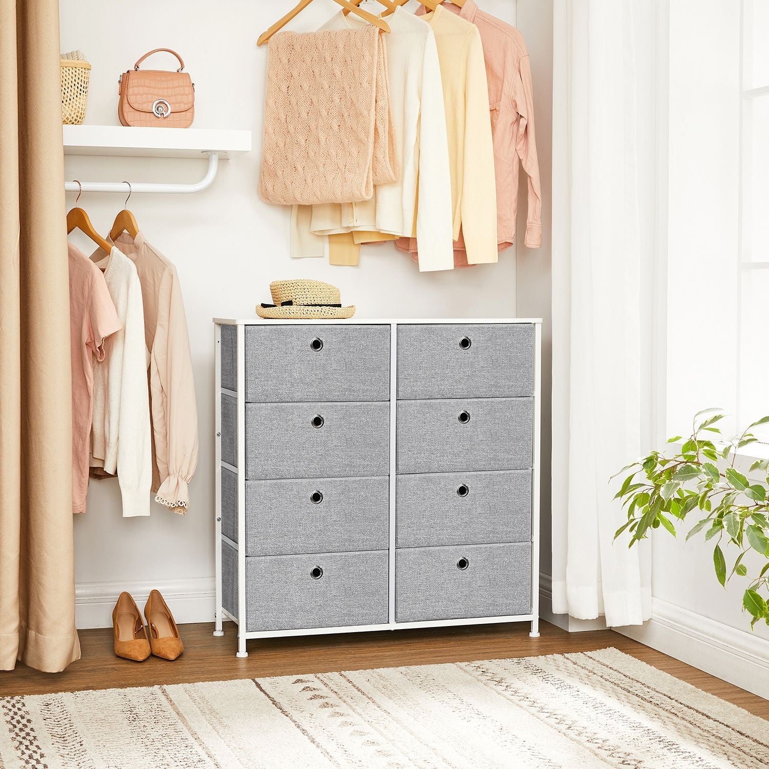 Storage Unit – Fabric – Light Grey and White – 8 Easy Pull Drawers with Metal Frame and Tabletop