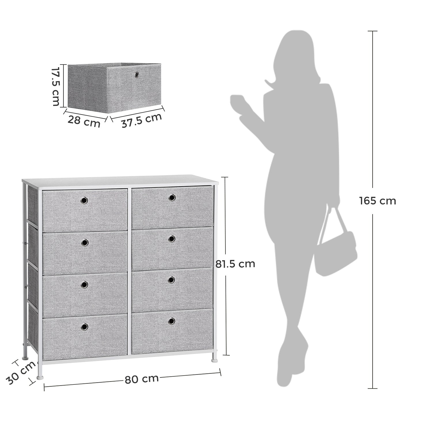 Storage Unit – Fabric – Light Grey and White – 8 Easy Pull Drawers with Metal Frame and Tabletop