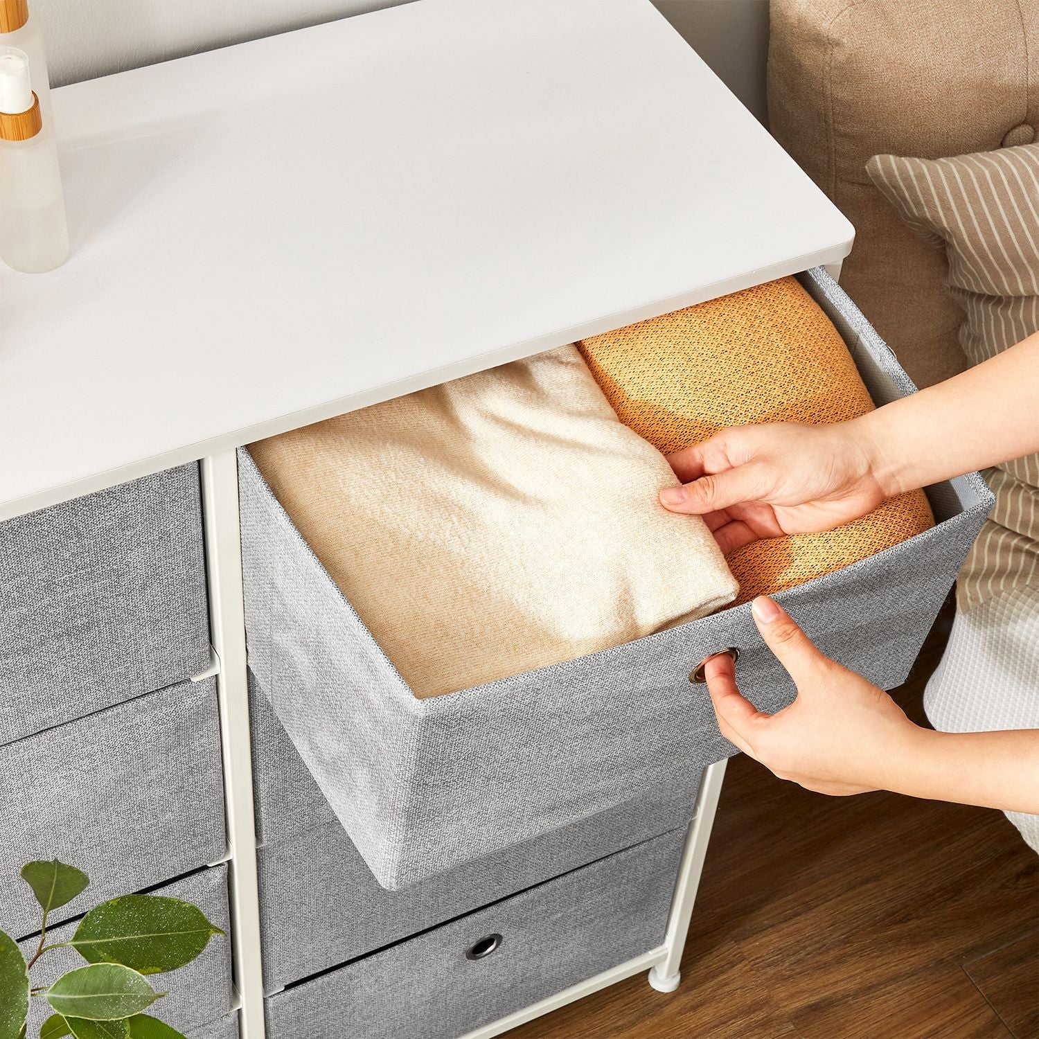 Storage Unit – Fabric – Light Grey and White – 8 Easy Pull Drawers with Metal Frame and Tabletop