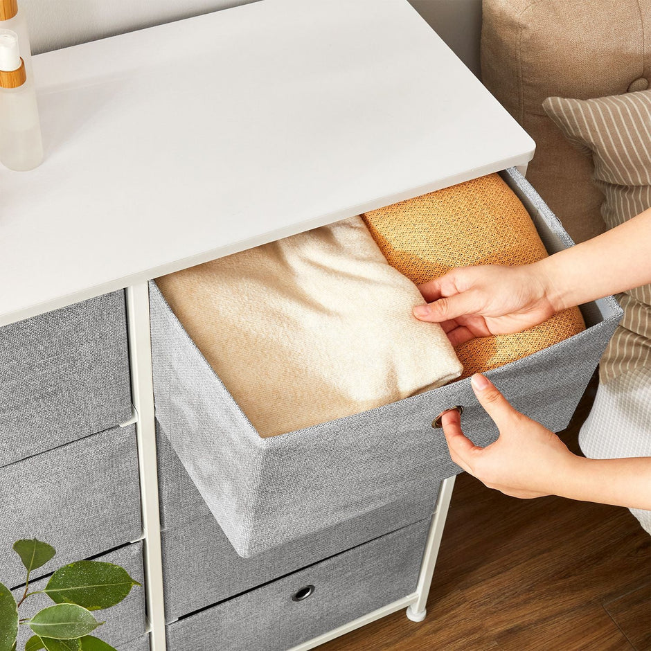 Storage Unit – Fabric – Light Grey and White – 8 Easy Pull Drawers with Metal Frame and Tabletop
