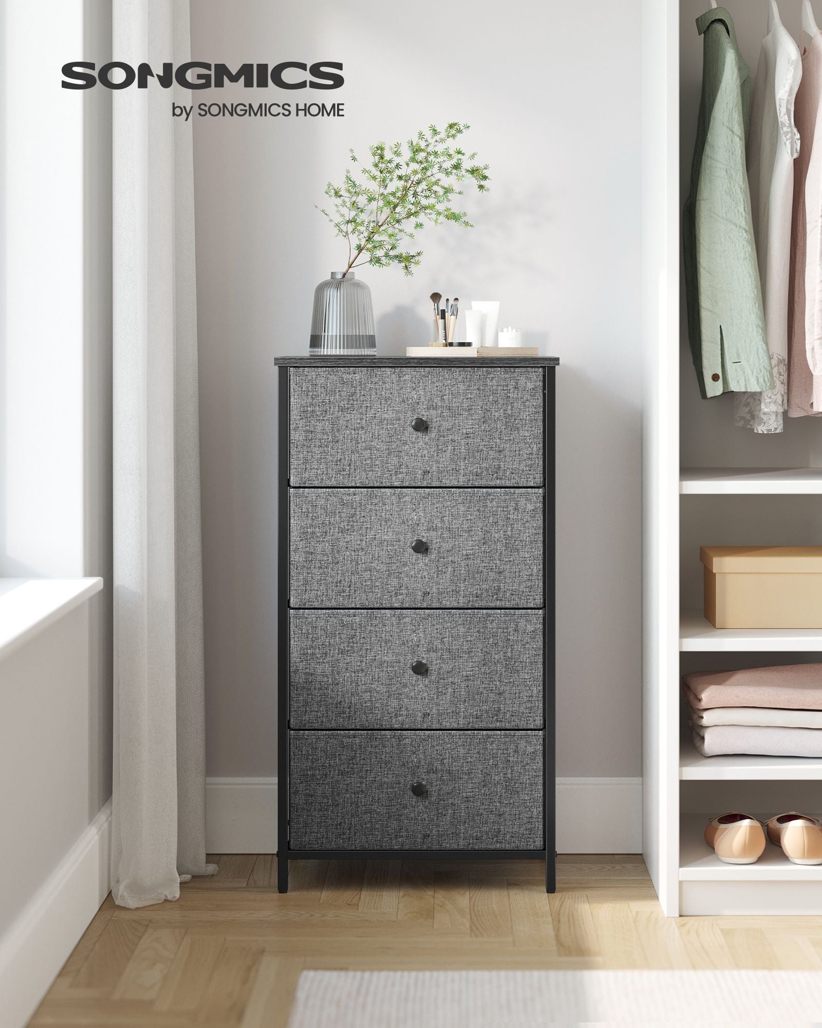 Chest of Drawers – Fabric – Classic Grey and Classic Black – Slim Design with 4 Storage Drawers