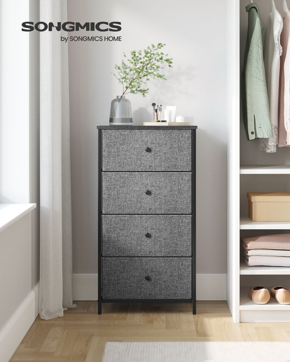 Chest of Drawers – Fabric – Classic Grey and Classic Black – Slim Design with 4 Storage Drawers