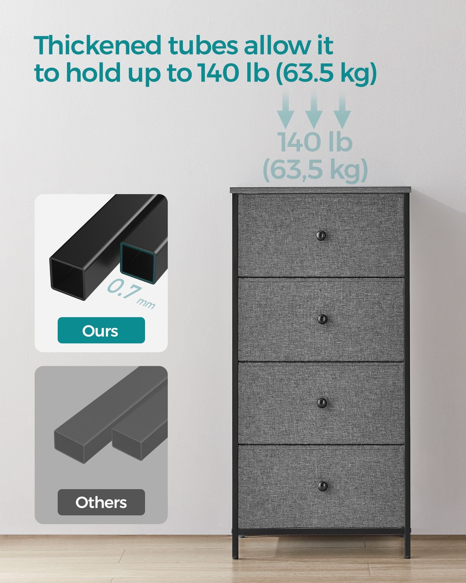 Chest of Drawers – Fabric – Classic Grey and Classic Black – Slim Design with 4 Storage Drawers