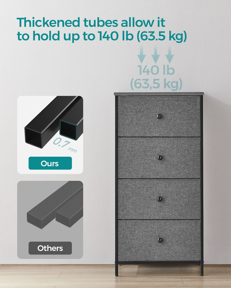 Chest of Drawers – Fabric – Classic Grey and Classic Black – Slim Design with 4 Storage Drawers