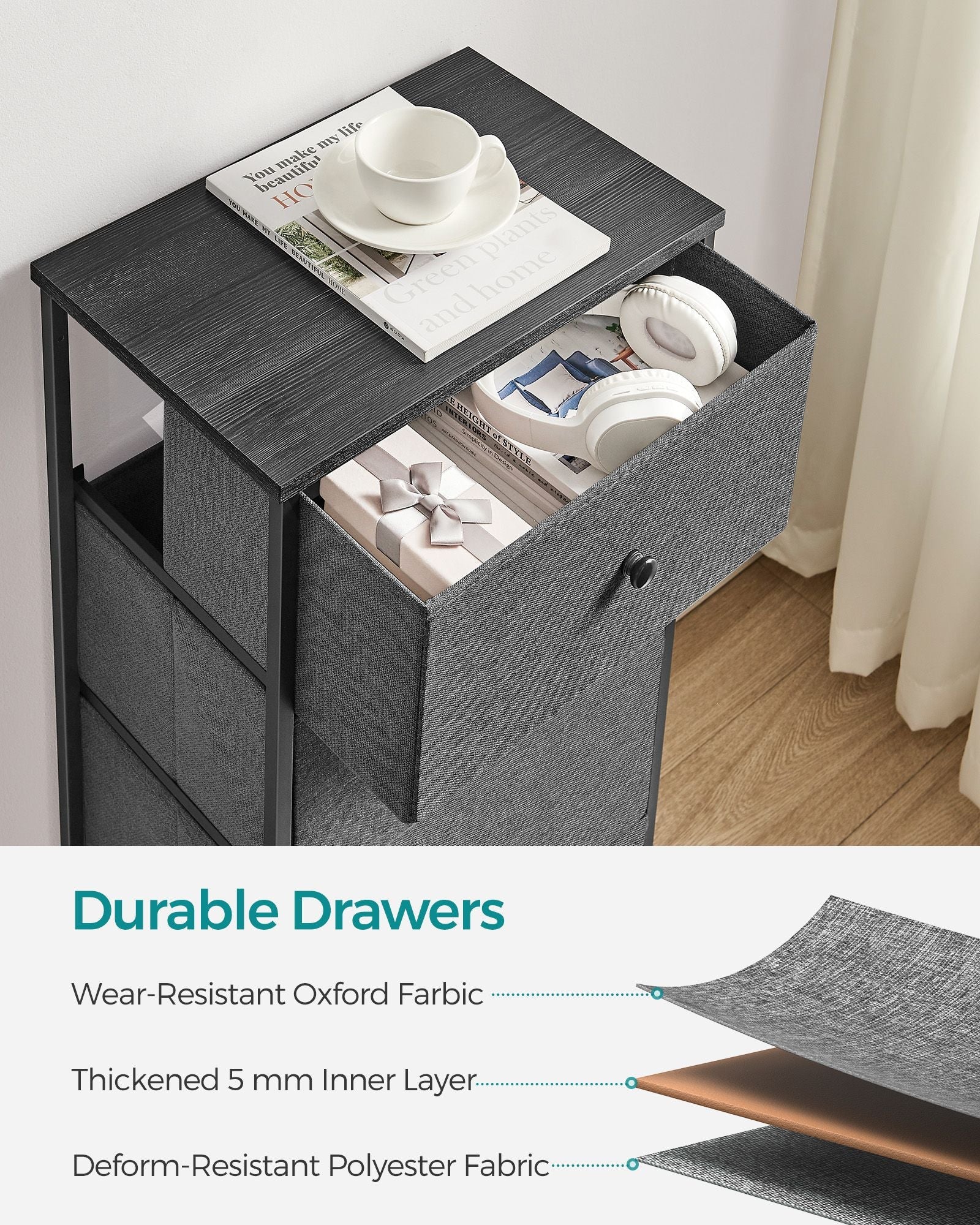 Chest of Drawers – Fabric – Classic Grey and Classic Black – Slim Design with 4 Storage Drawers