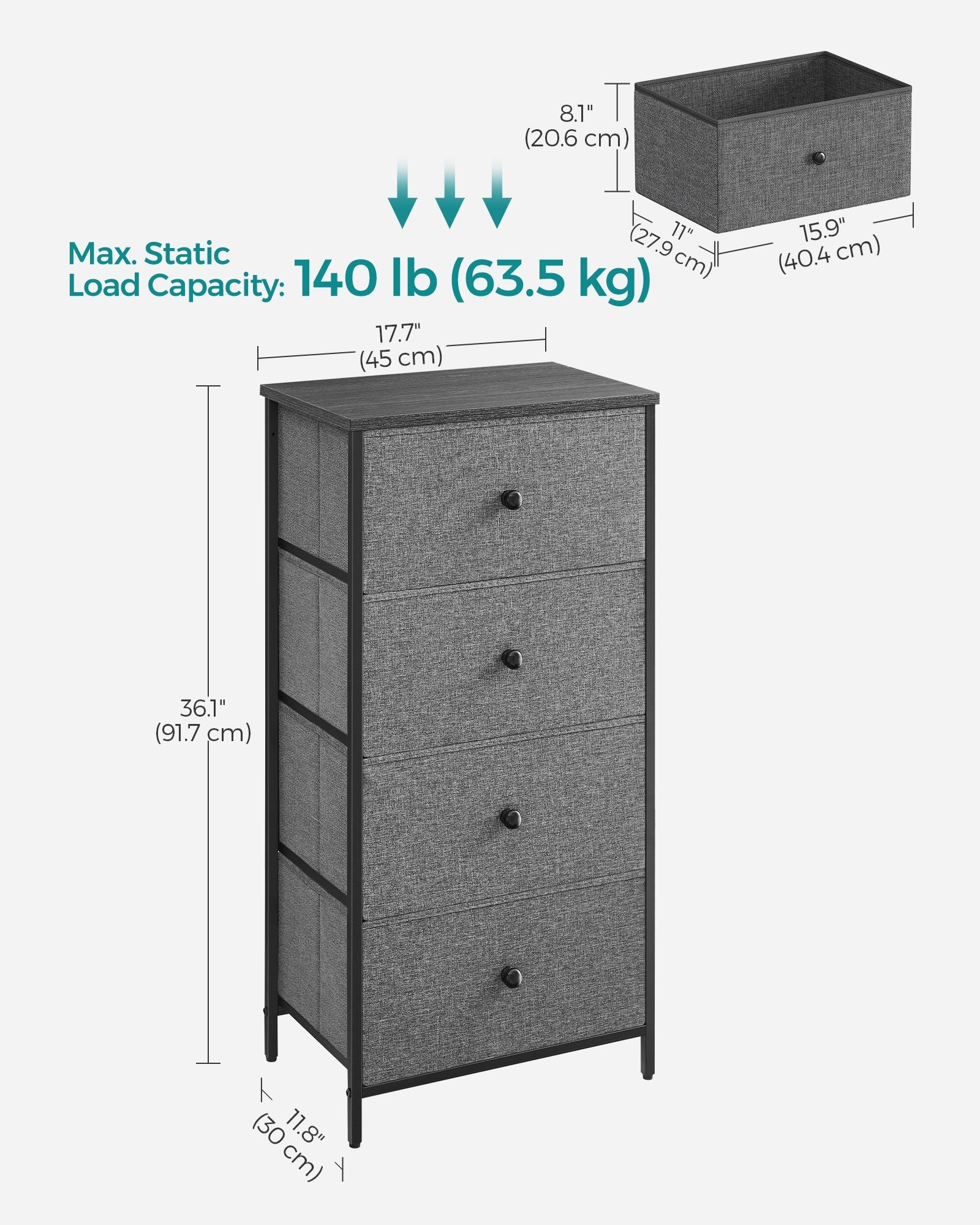 Chest of Drawers – Fabric – Classic Grey and Classic Black – Slim Design with 4 Storage Drawers