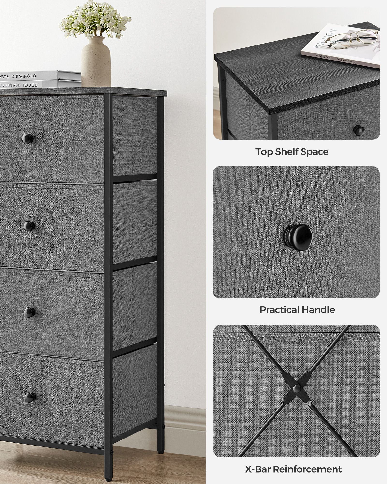 Chest of Drawers – Fabric – Classic Grey and Classic Black – Slim Design with 4 Storage Drawers