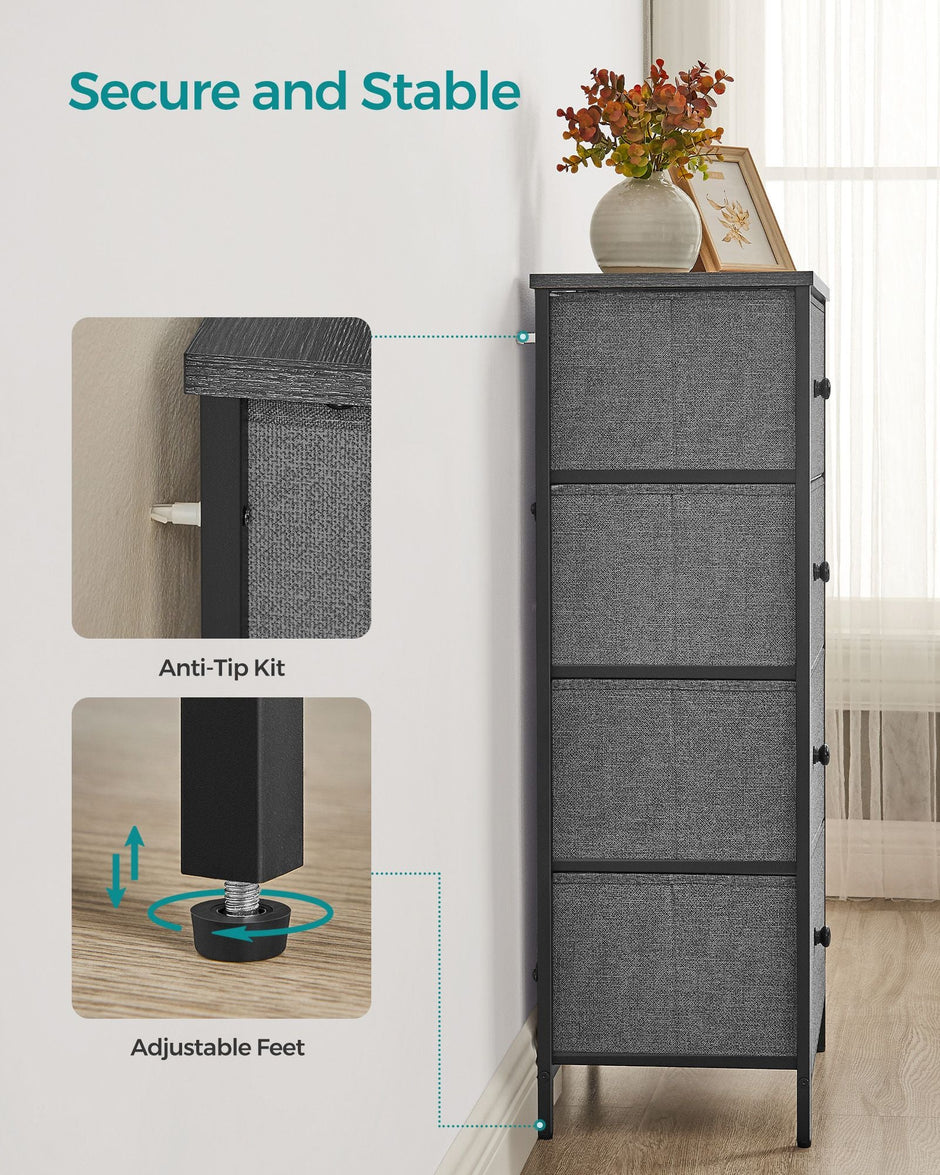 Chest of Drawers – Fabric – Classic Grey and Classic Black – Slim Design with 4 Storage Drawers