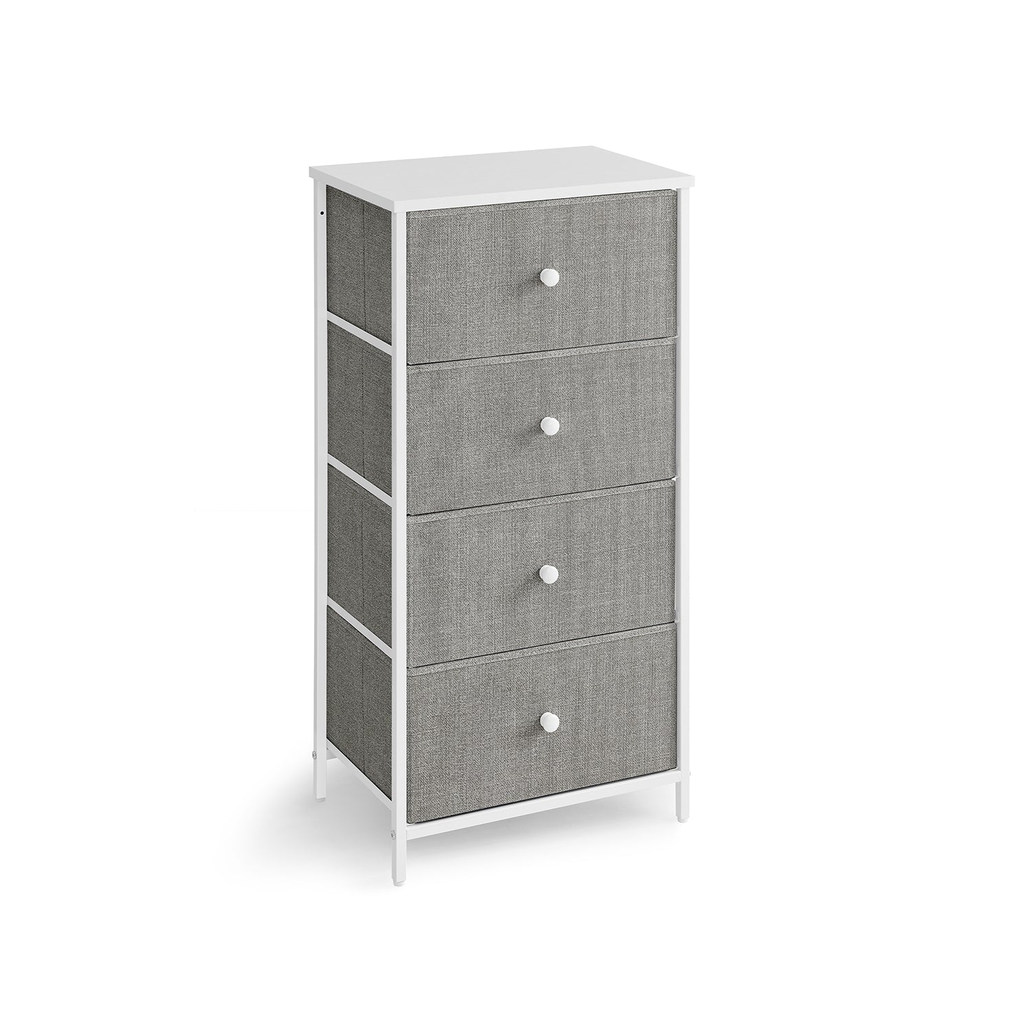 Chest of Drawers – Fabric and Metal – Light Grey and White – Slim Design with 4 Drawers